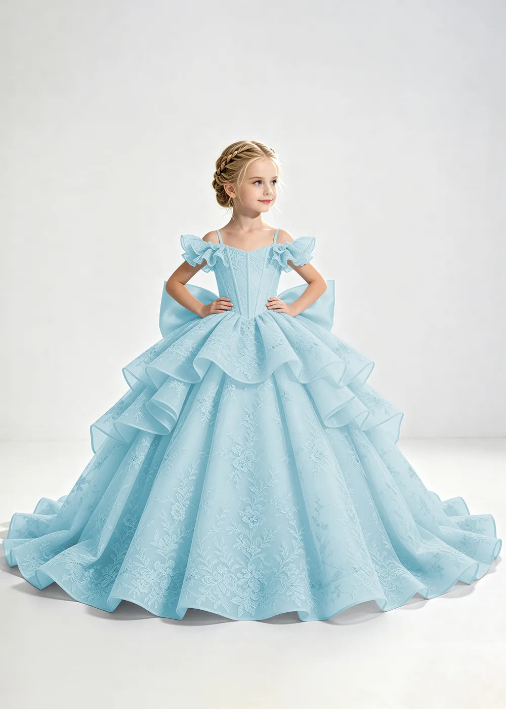 Light Blue Lace-Up Rear-Bow Flower Girl Dress