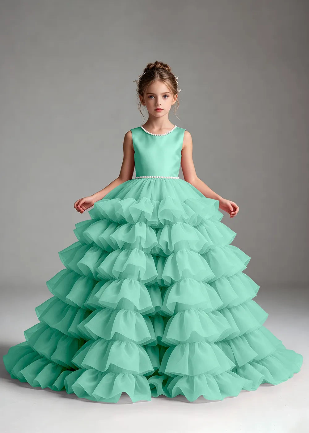 Pink Pearl-Trimmed Tiered Ruffle Flower Girl Dress