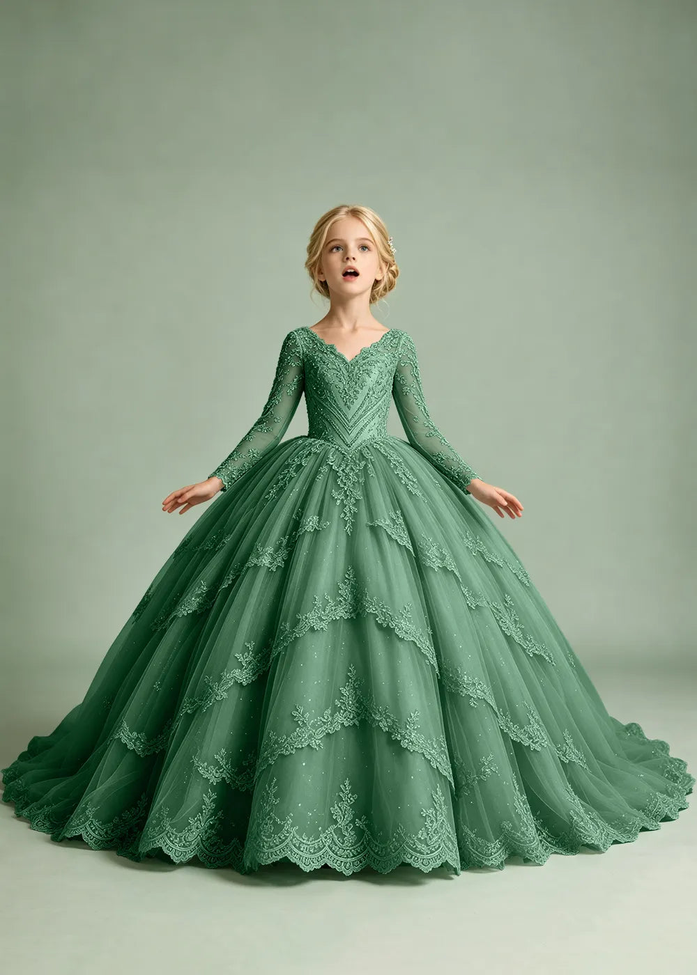 Long Sleeve Floral Lace Flower Girl Ball Gown Dress