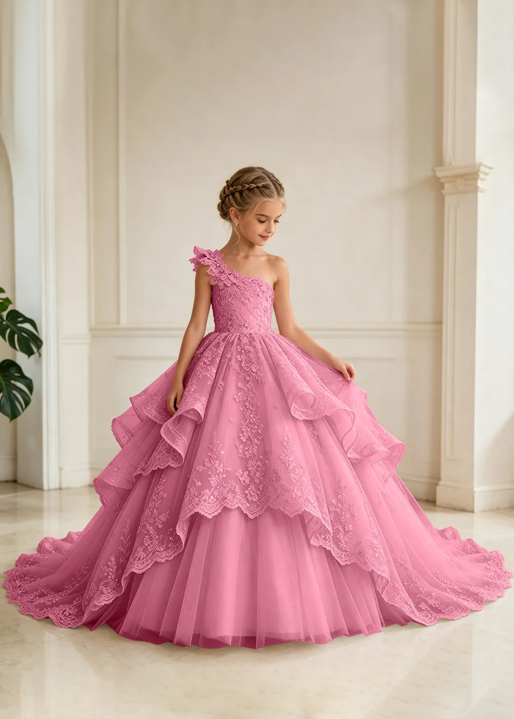 Floral Strap Tiered Lace Princess Dress for Girls