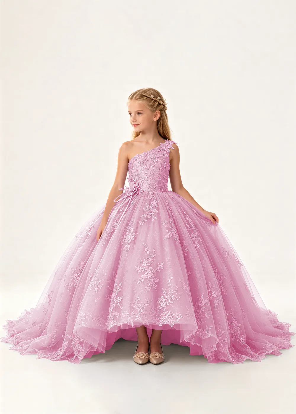 One-Shoulder High-Low Lace Flower Girl Ball Gown Dress