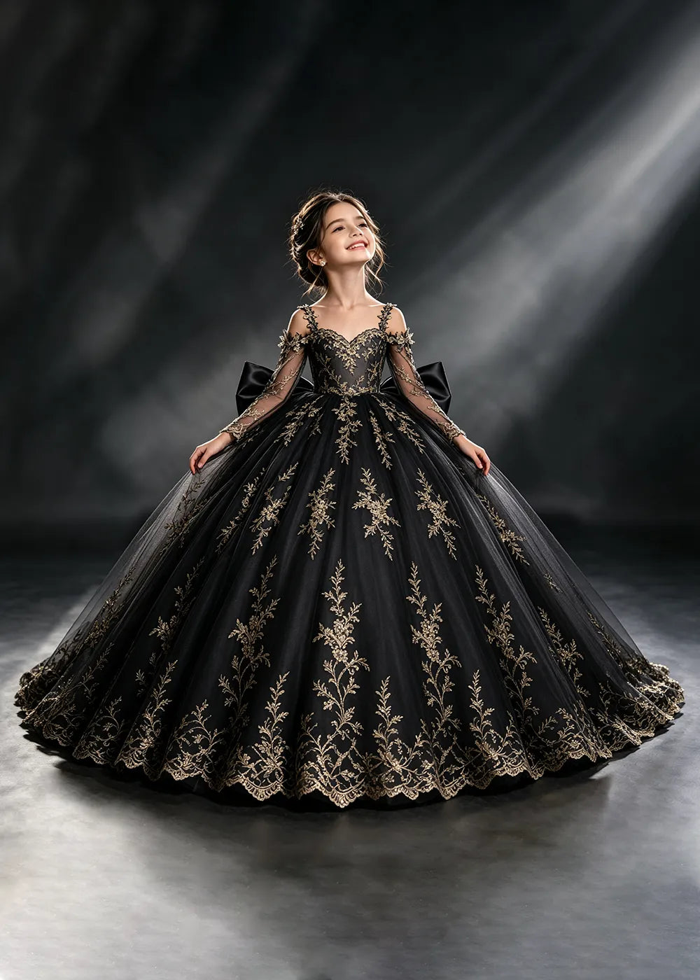 Navy Blue Gold Lace Flower Girl Gown with Floral Straps and Train