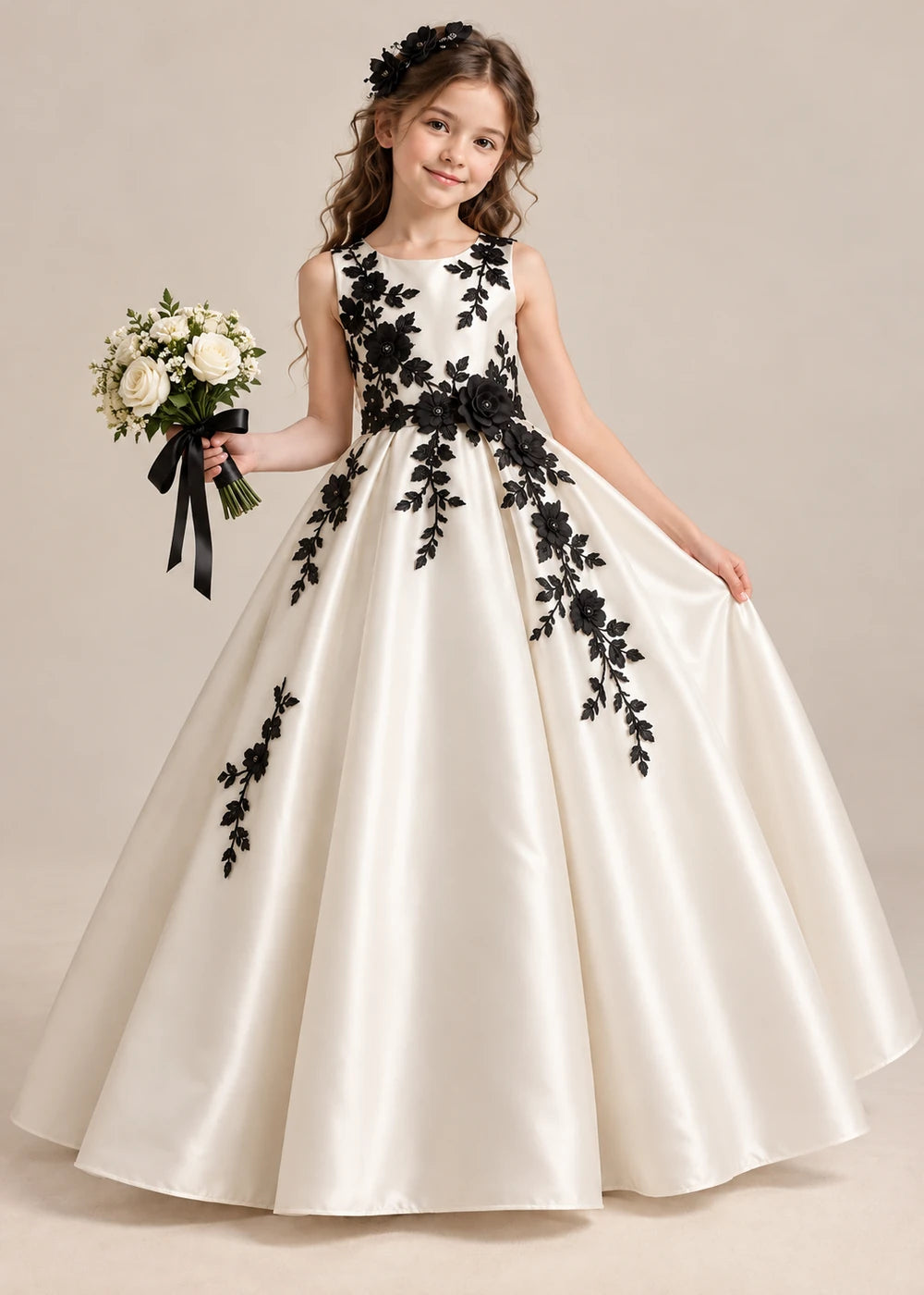 Detail view of the ivory and black flower girl dress.