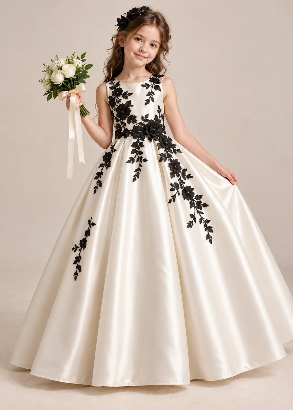Detail view of the ivory and black flower girl dress.