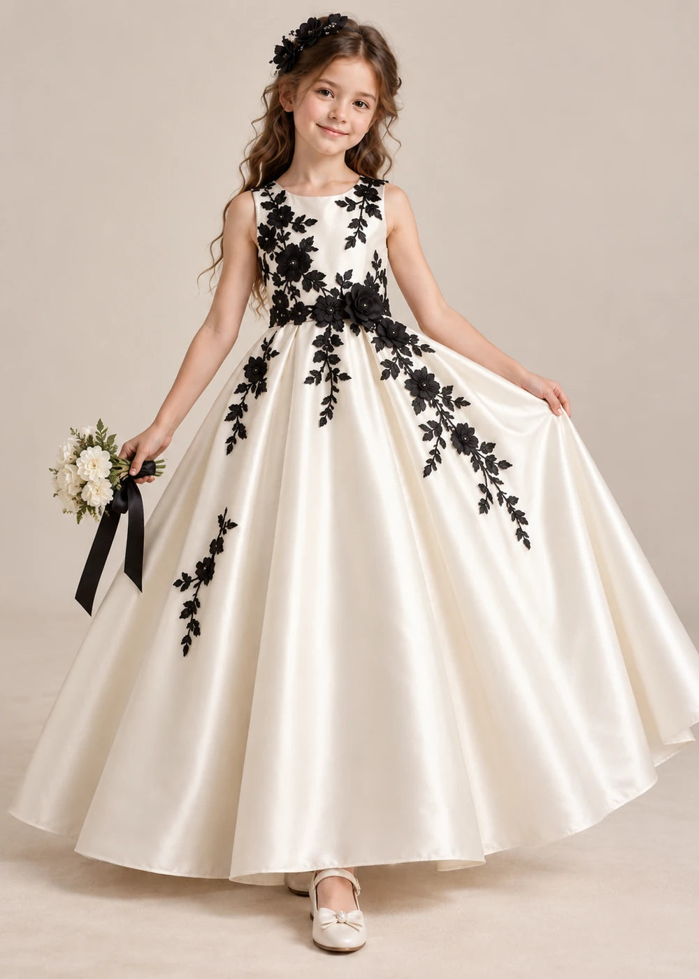 Detail view of the ivory and black flower girl dress.