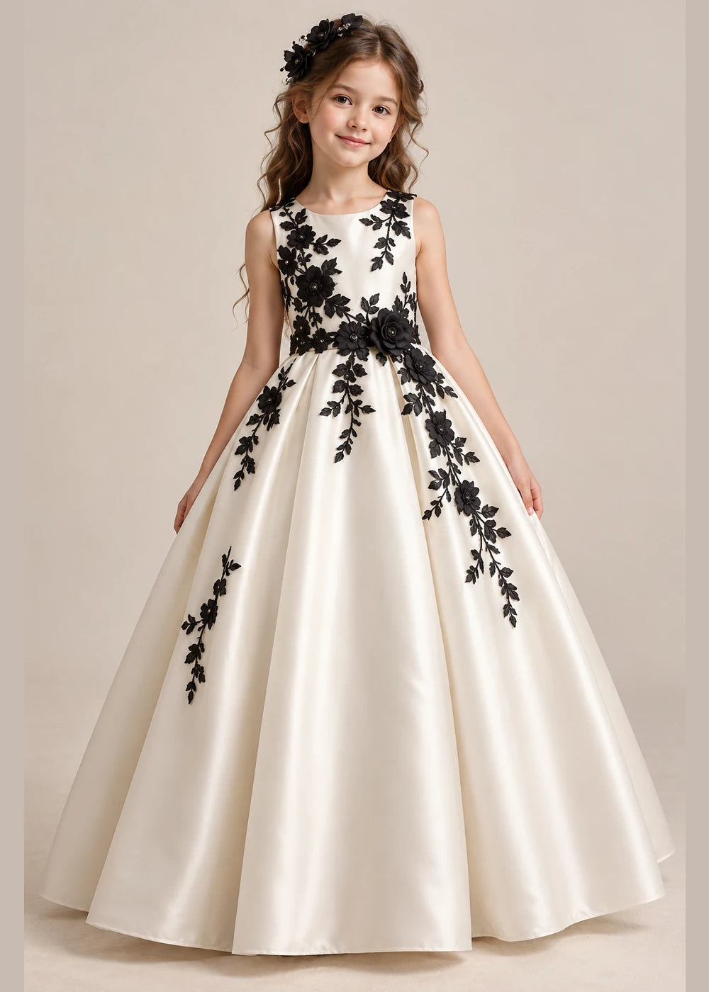 Front view of the ivory and black flower girl dress.