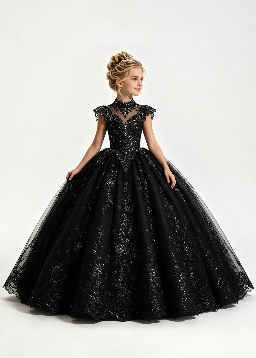 Navy Flower Girl Ball Gown with High Floral Collar