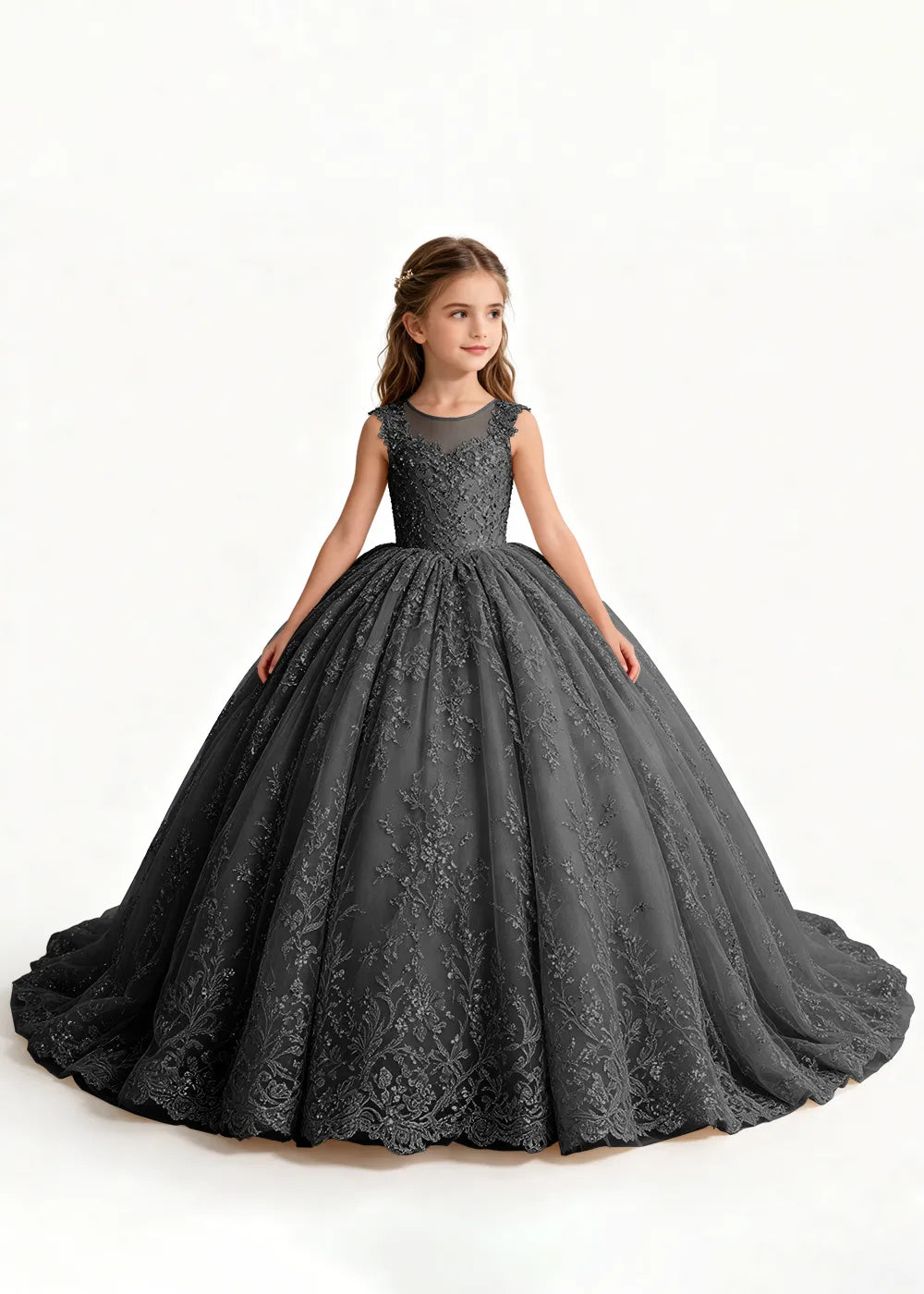 Navy Sleeveless Flower Girl Gown with Scalloped Train
