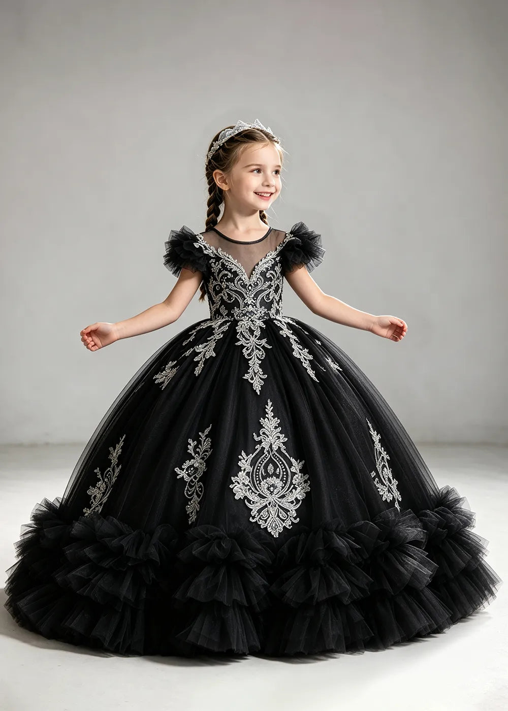Navy Flower Girl Ball Gown with White Floral Appliqués
