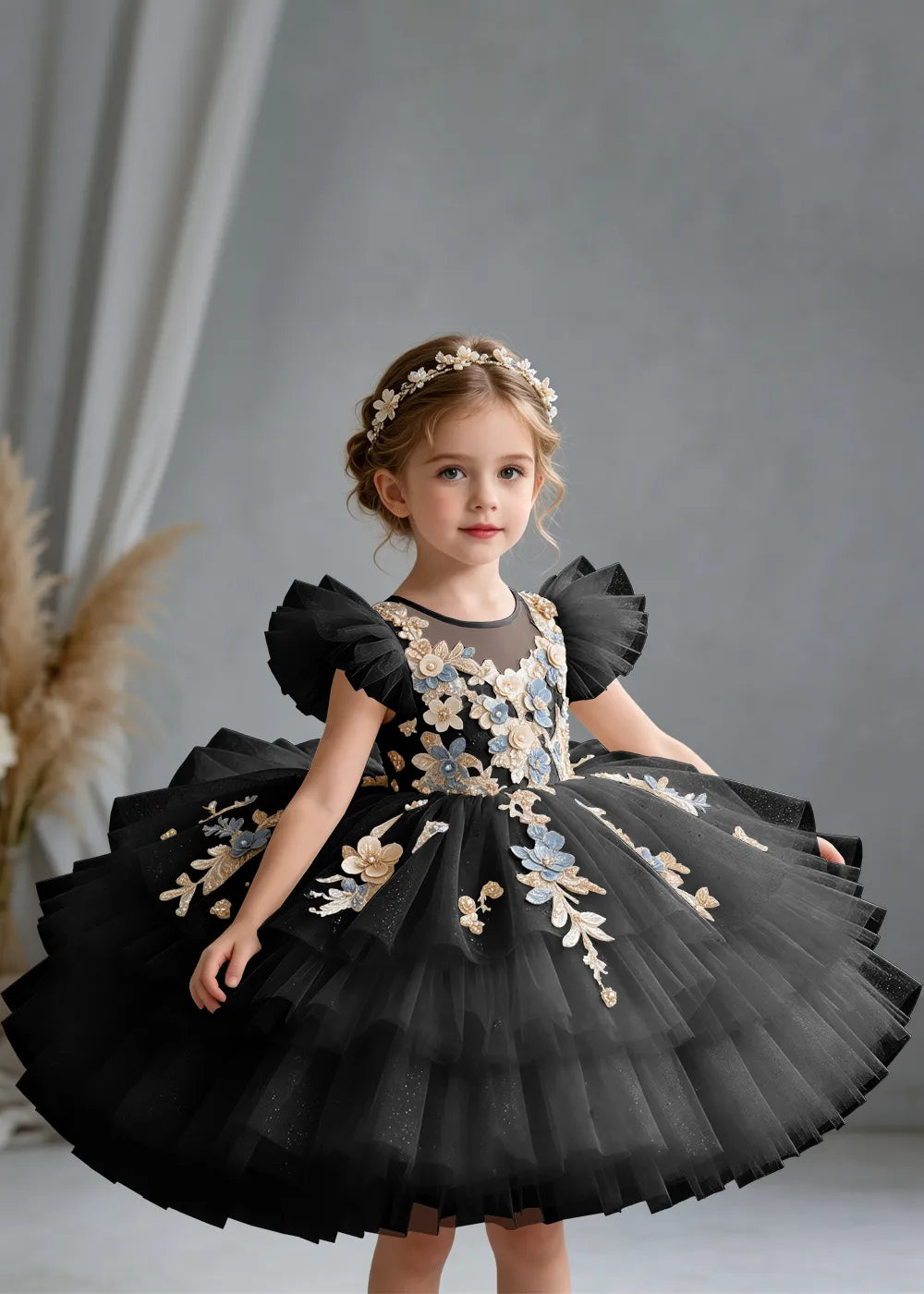 Flower girl dress in Black, front view.