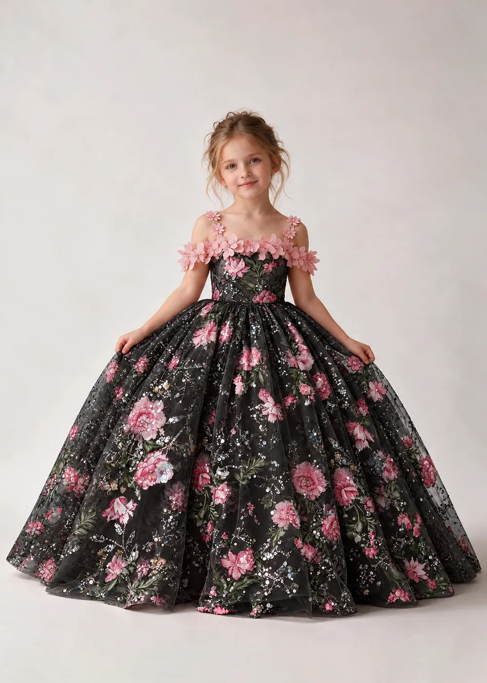 Black Flower Girl Ball Gown with Pink Flowers and Sparkling Detail