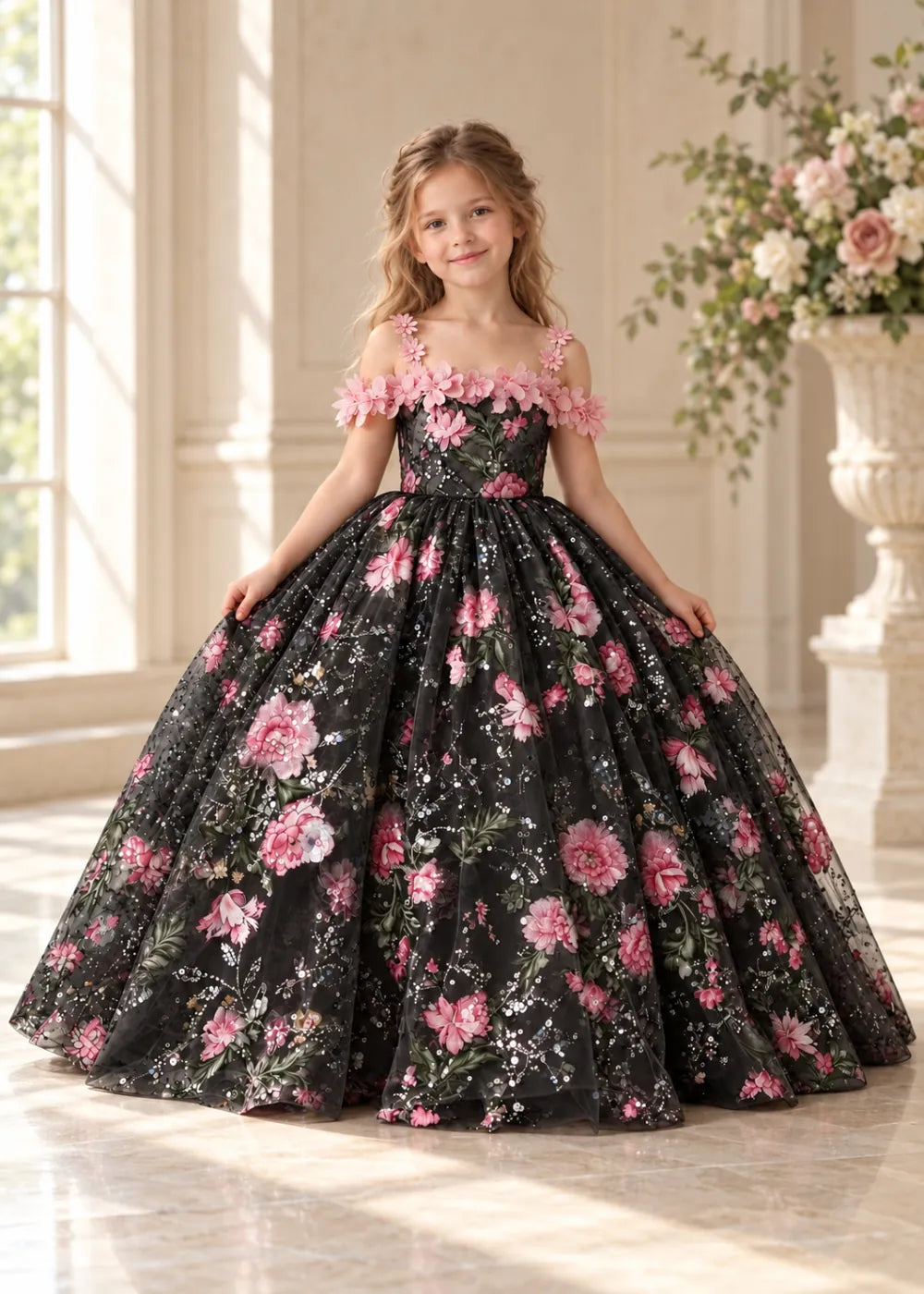 Black Flower Girl Ball Gown with Pink Flowers and Sparkling Detail