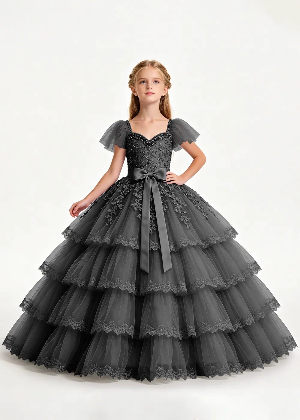 Navy Four-Tier Flower Girl Gown with Front Bow