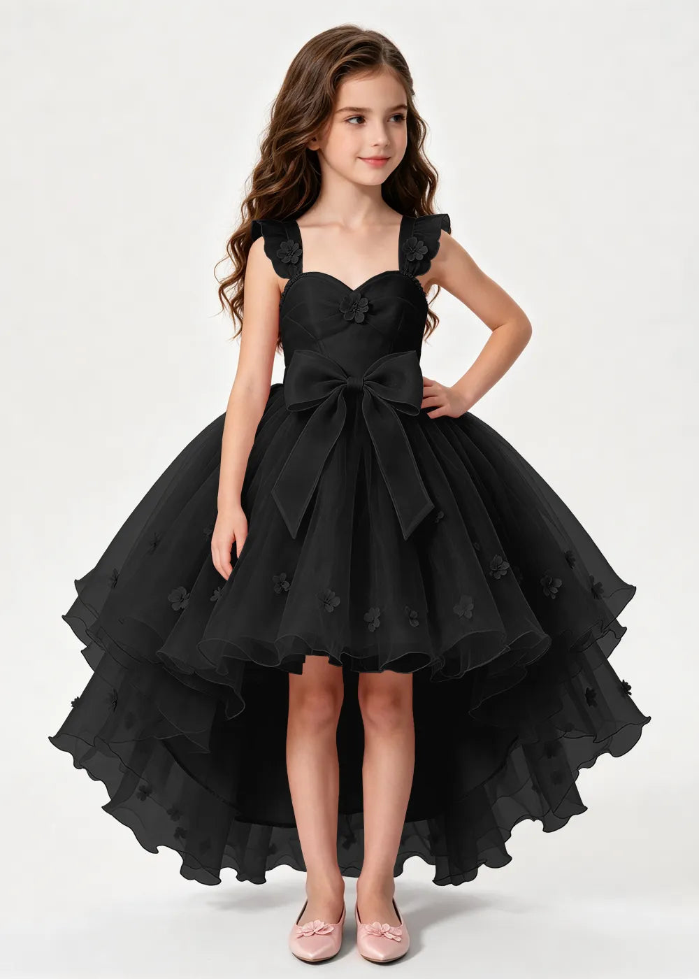Navy High-Low Flower Girl Gown with Large Front Bow