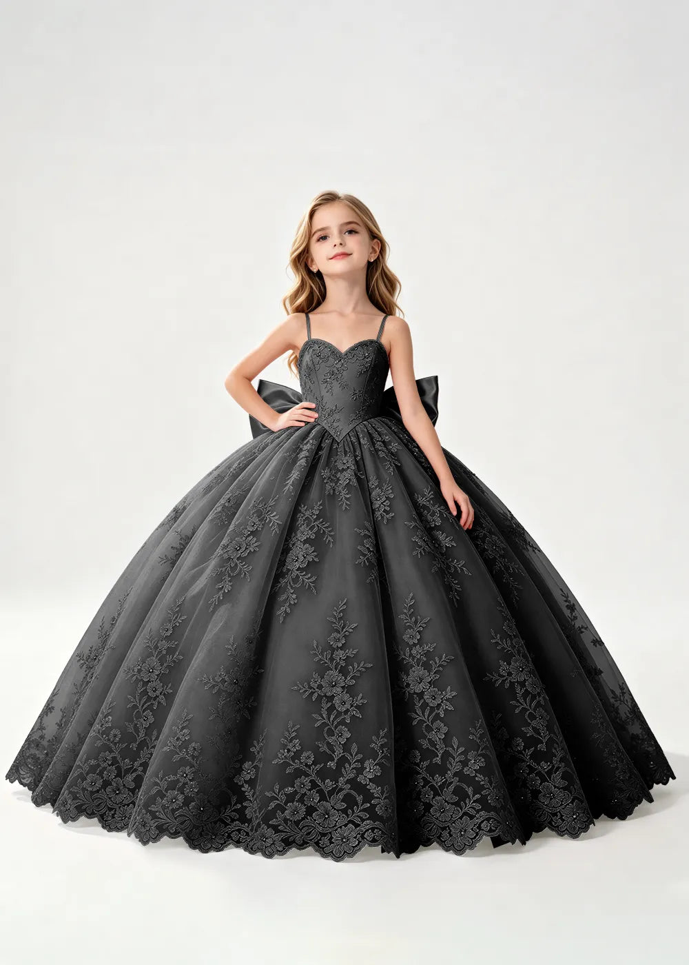 Flower girl dress in Black, front view.
