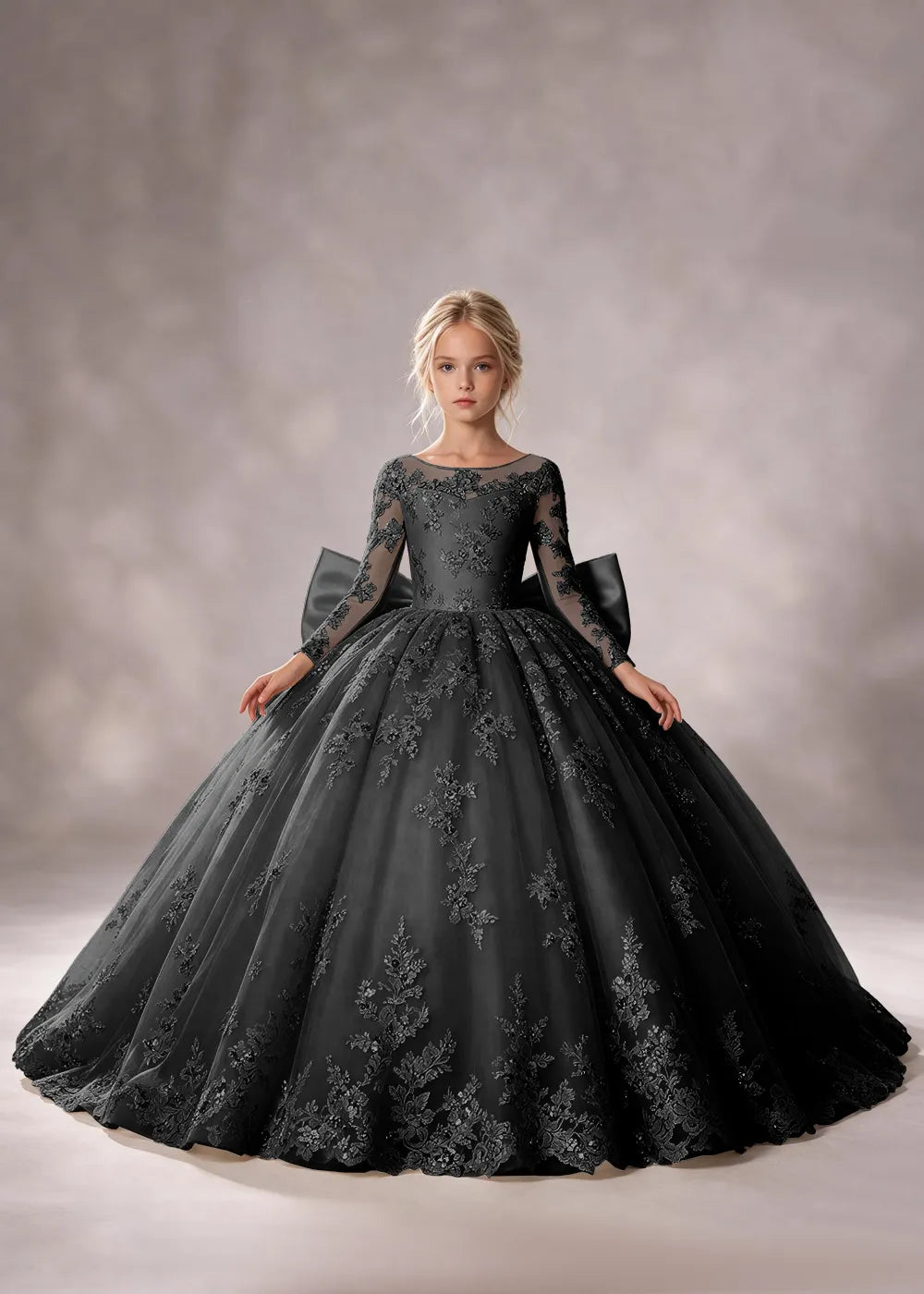 Flower girl dress in Black, front view.