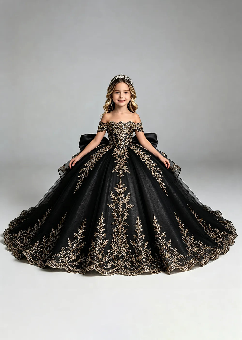 Off-Shoulder Lace Flower Girl Dress with Bow and Scalloped Hem