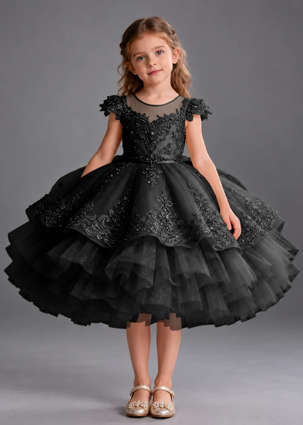 Navy Blue Flower Girl Dress with Beaded Lace and Short Ruffle Skirt