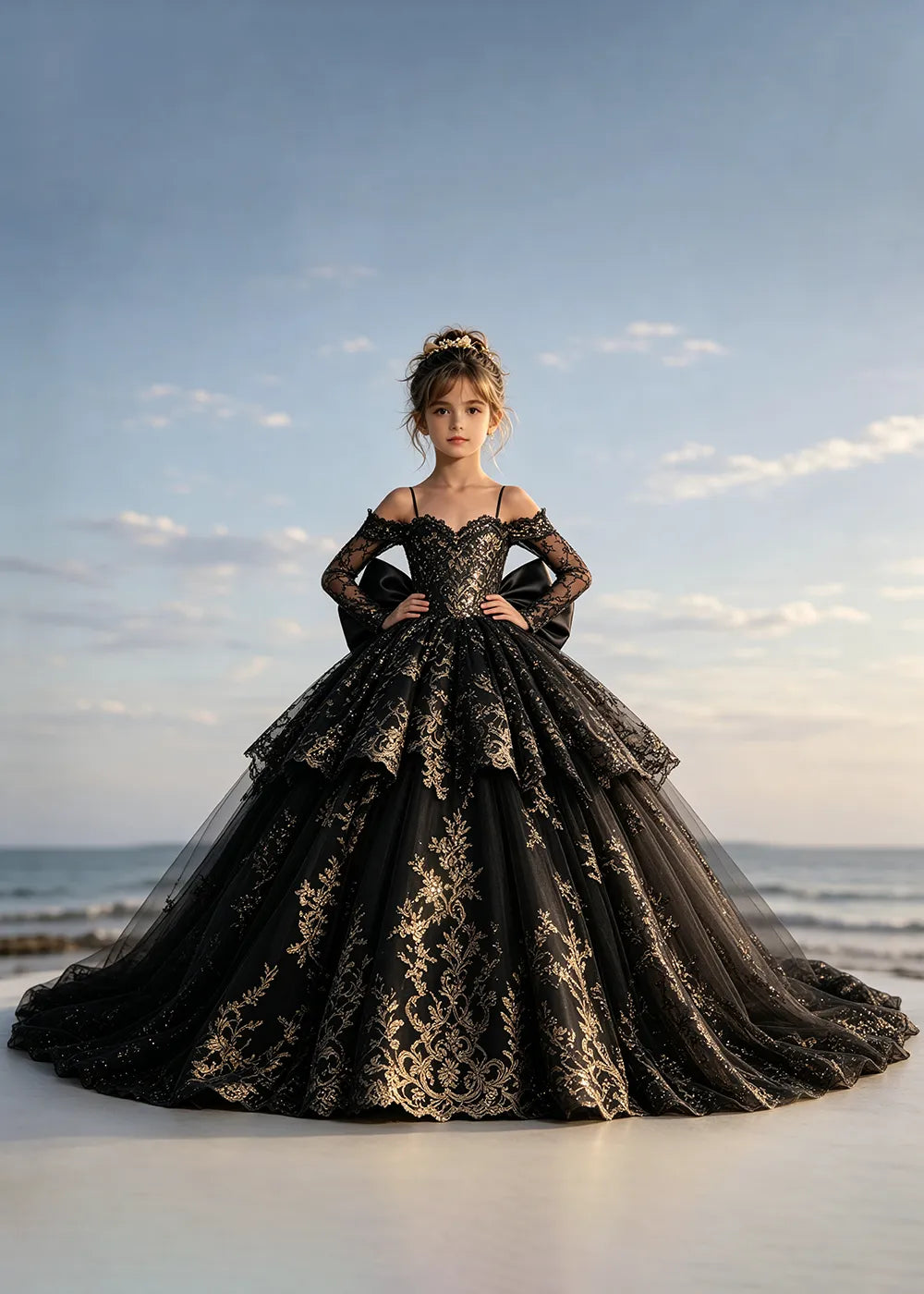 Navy Blue Lace Flower Girl Gown with Peplum and Trailing Satin Bow