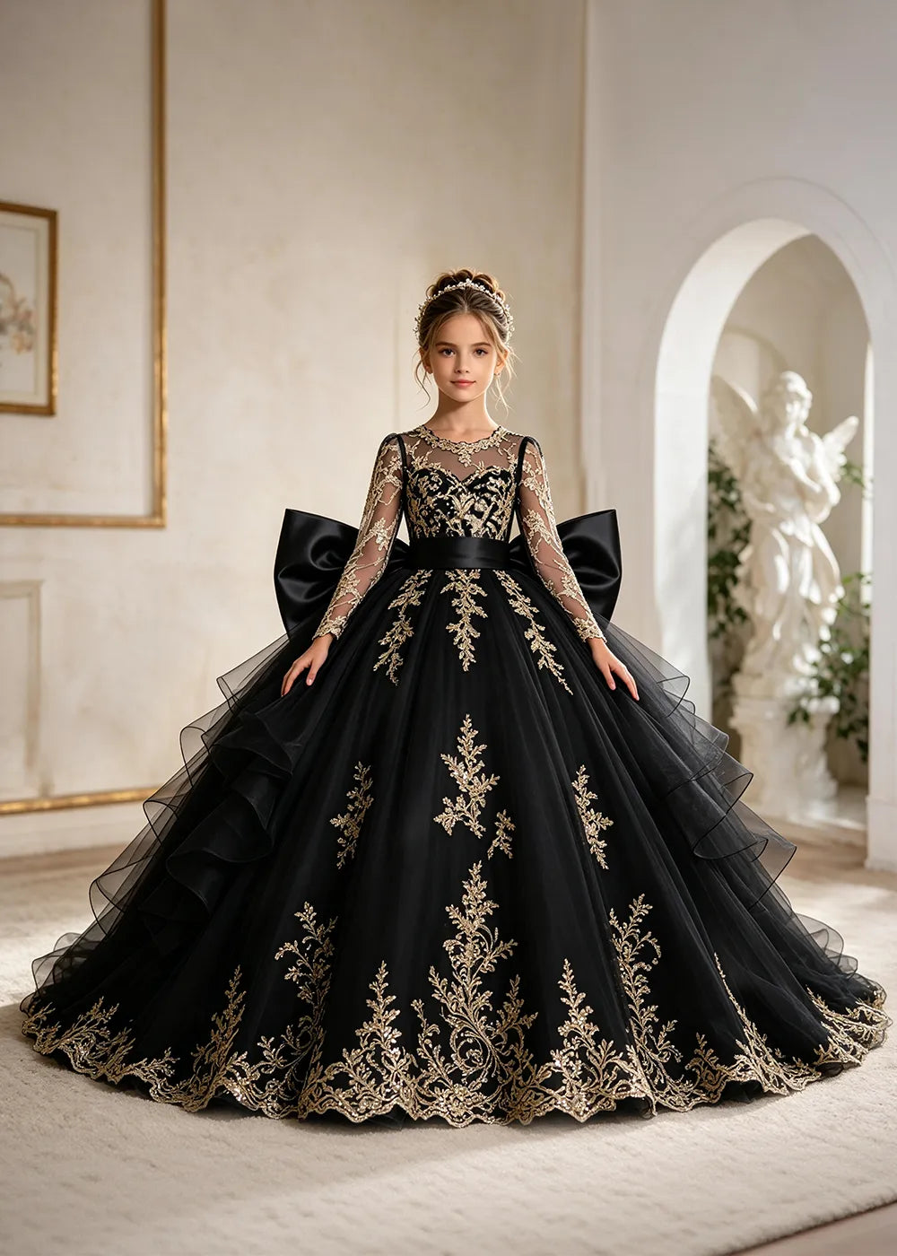 Navy Blue Gold Lace Flower Girl Gown with Ruffles and Long Bow Tails