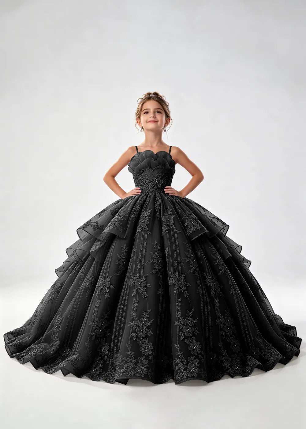 Flower girl dress in Black, front view.