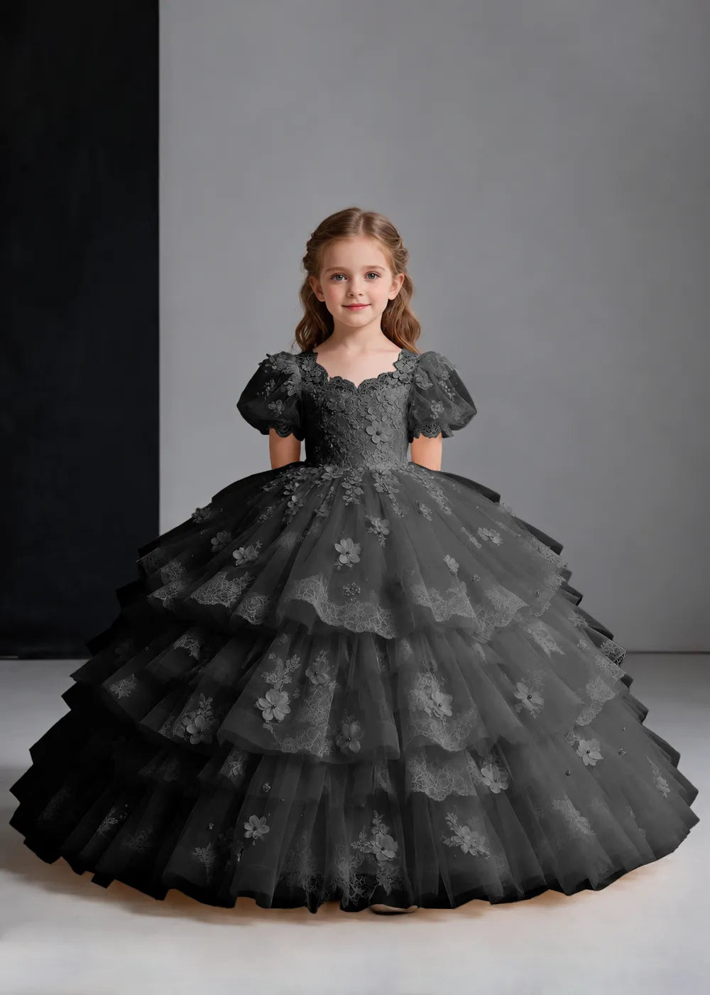 Flower girl dress in Black, front view.