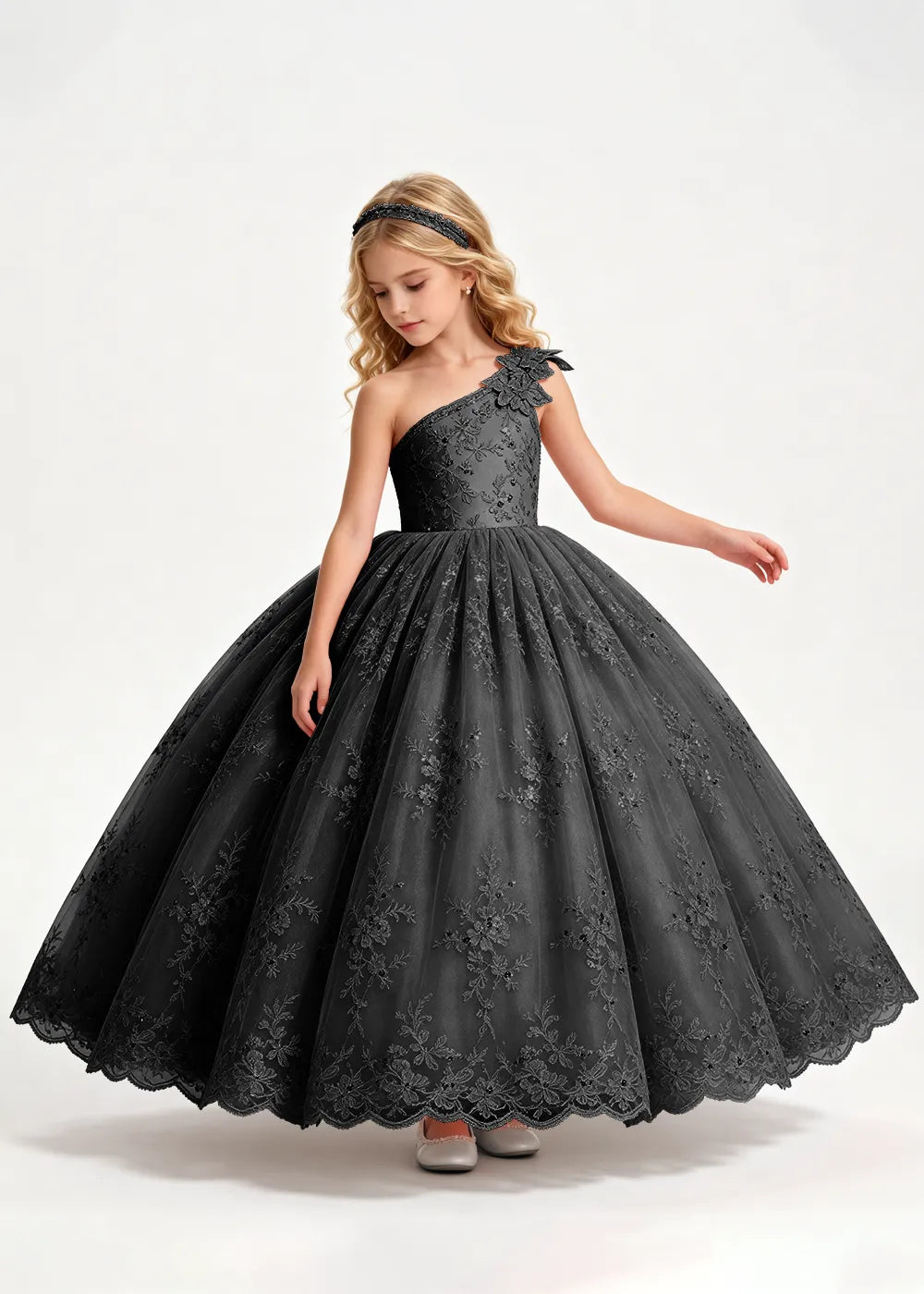 Navy One-Shoulder Flower Girl Gown with Scalloped Lace