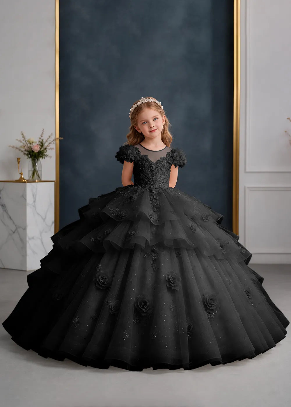 Navy Blue Flower Girl Gown with Floral Cap Sleeves and Rose Ruffles