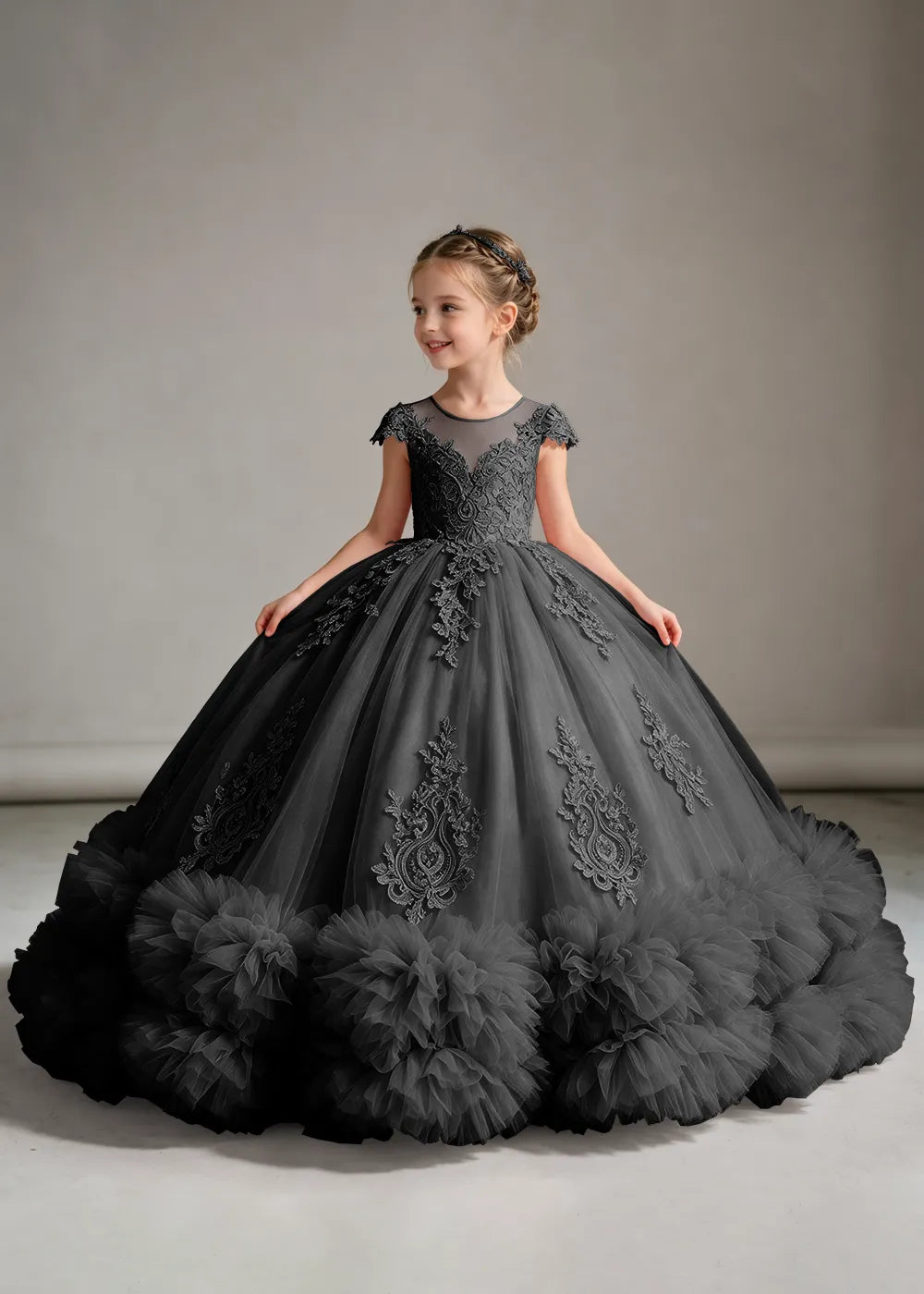 Navy Flower Girl Ball Gown with Floral Bodice and Ruffle Hem