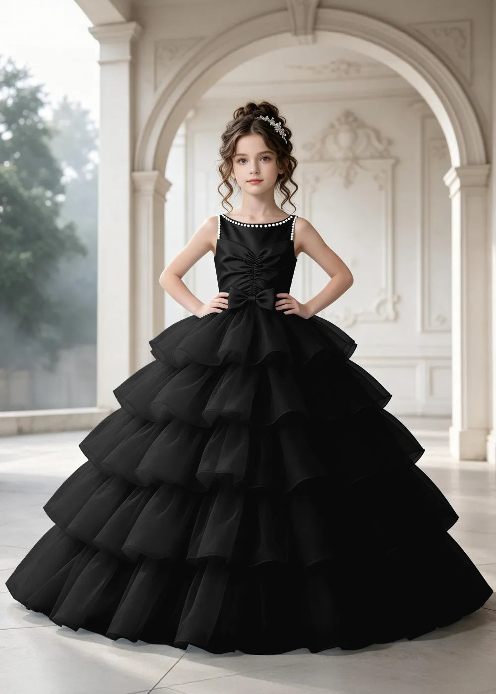 Flower girl dress in Black, front view.