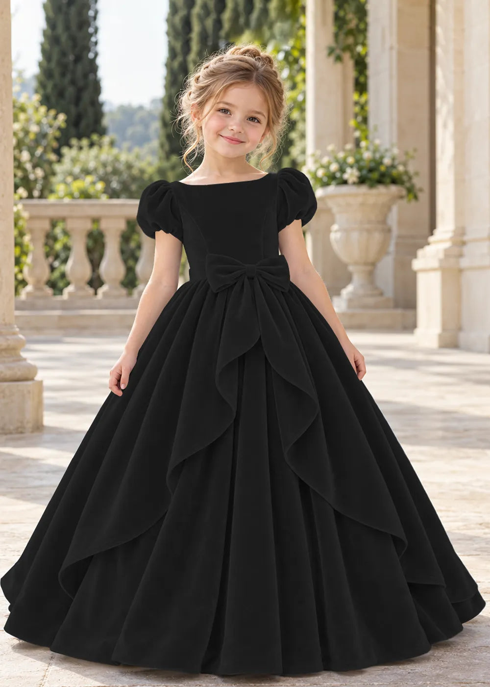 Front view of a child wearing a black flower girl dress with a square neckline, short puff sleeves and a large velvet bow above a full tiered skirt.