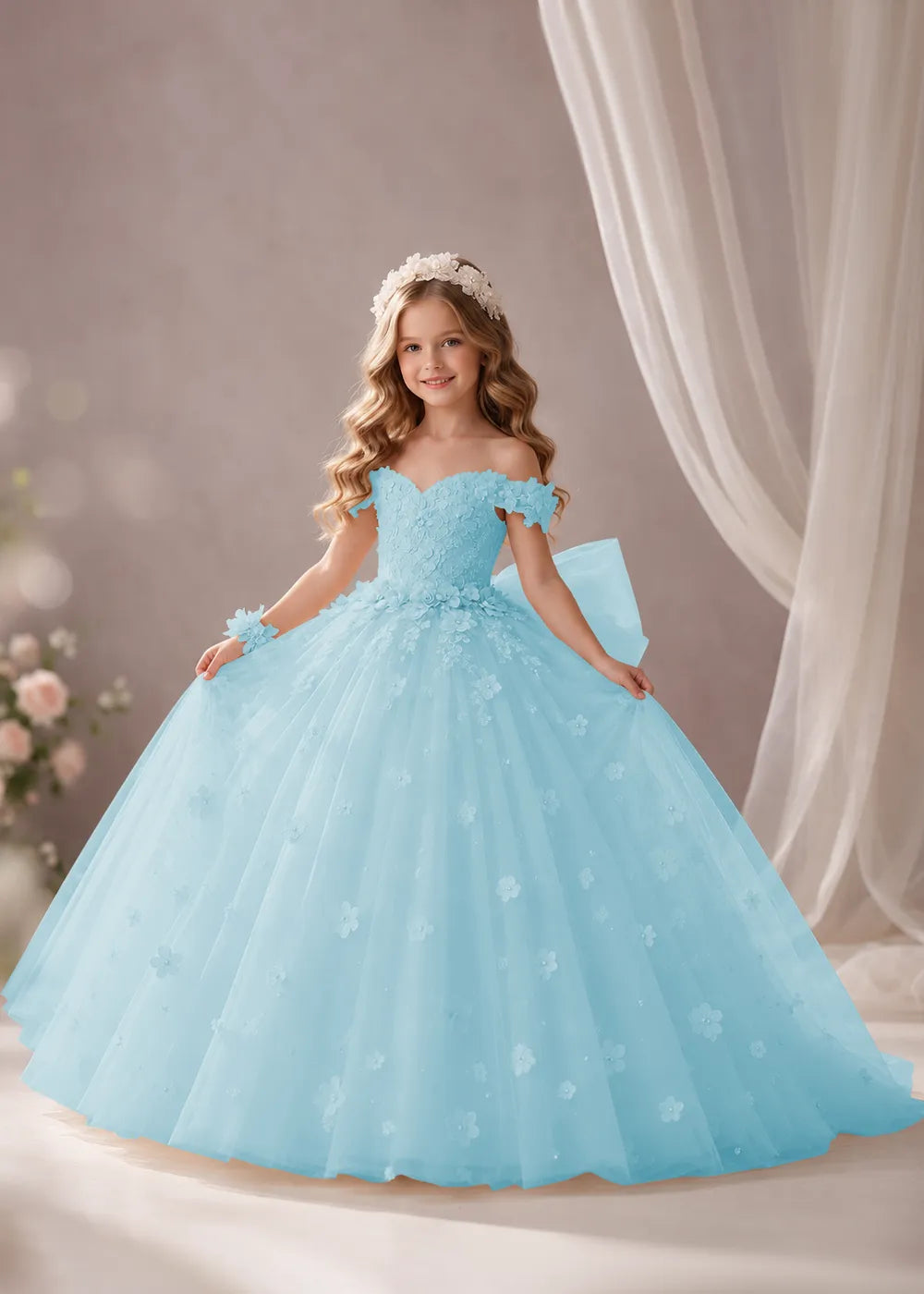 Ivory Flower Girl Dress with Off-Shoulder Florals and a Bow