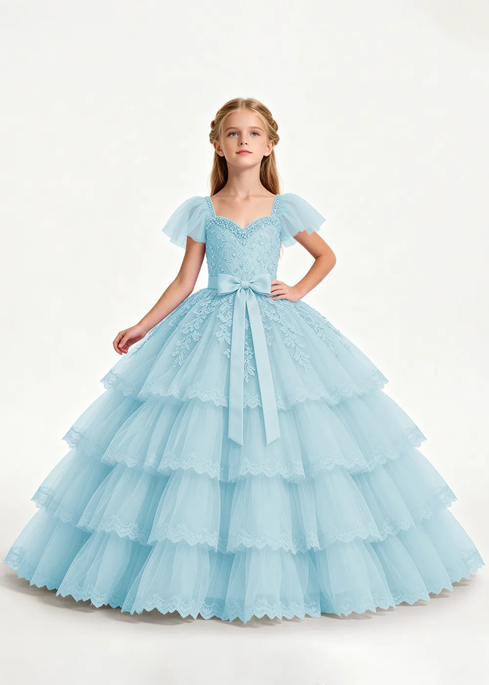 Pale Lavender Four-Tier Flower Girl Gown with Front Bow