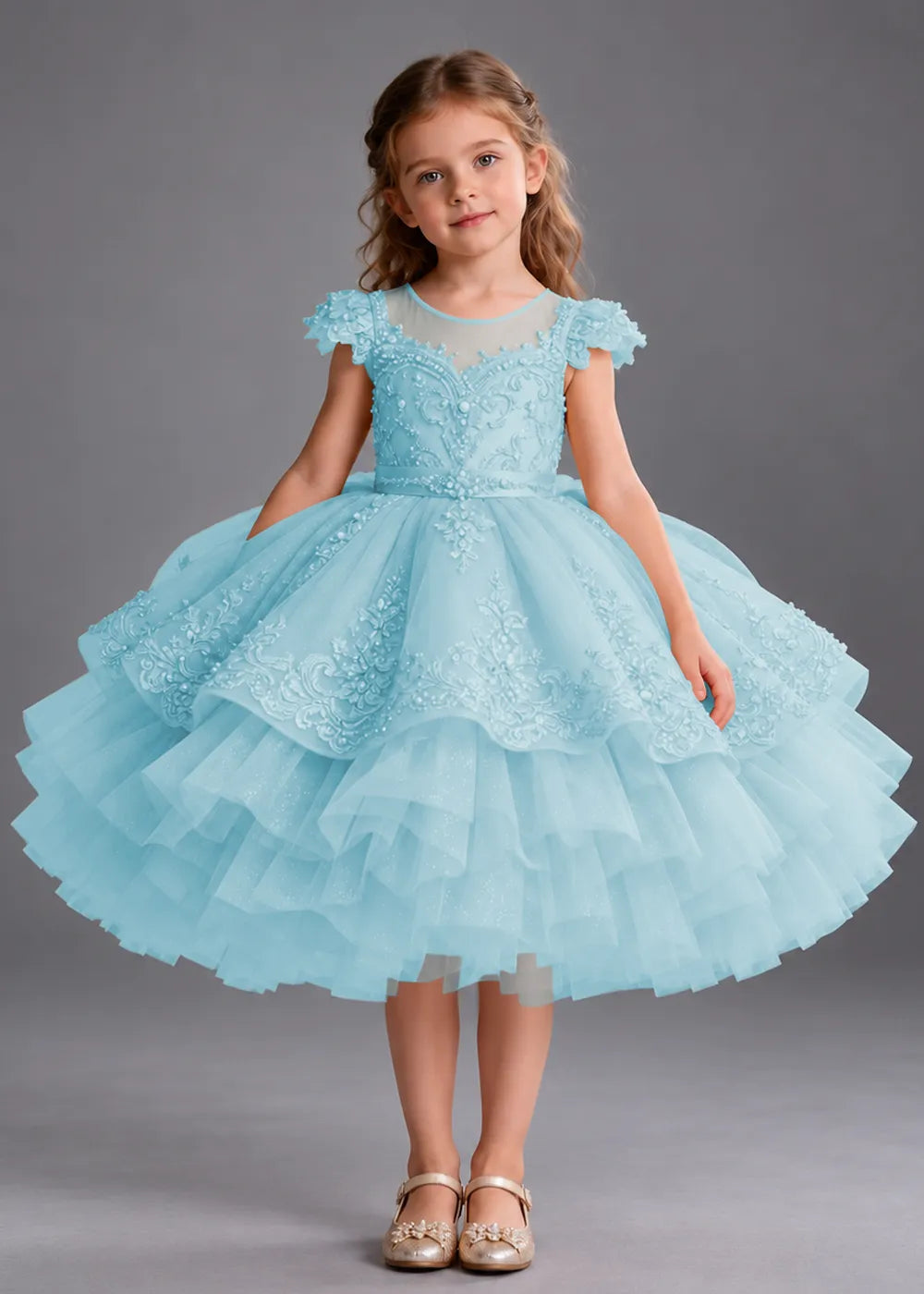 Gold Knee-Length Flower Girl Dress with Scalloped Lace Overlay
