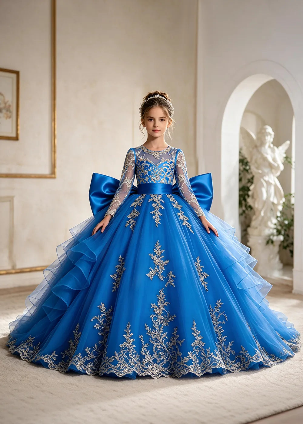 Navy Blue Gold Lace Flower Girl Gown with Ruffles and Long Bow Tails