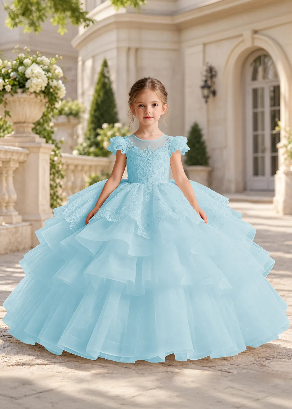 White Flower Girl Ball Gown with Scalloped Lace and Tiered Ruffles
