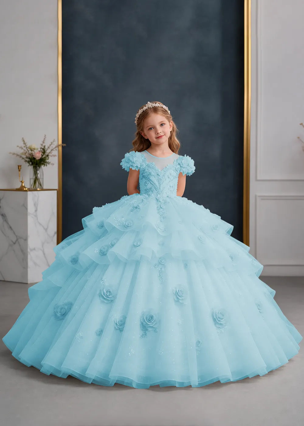 Pink Rose-Applique Flower Girl Ball Gown with Cascading Ruffles