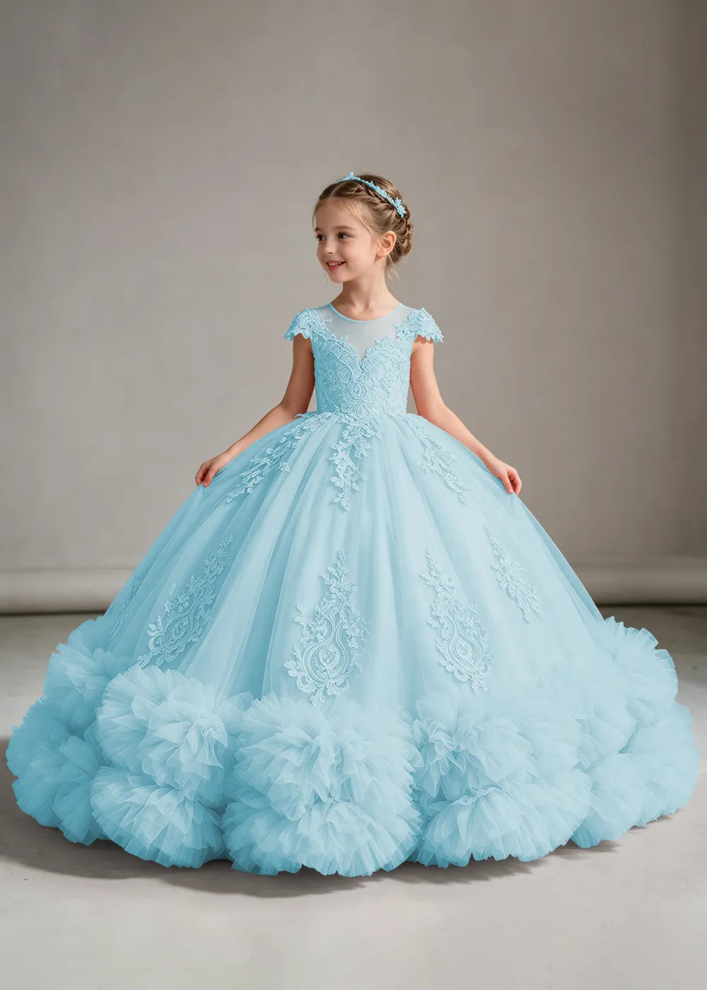 Pink Flower Girl Ball Gown with Floral Bodice and Ruffle Hem