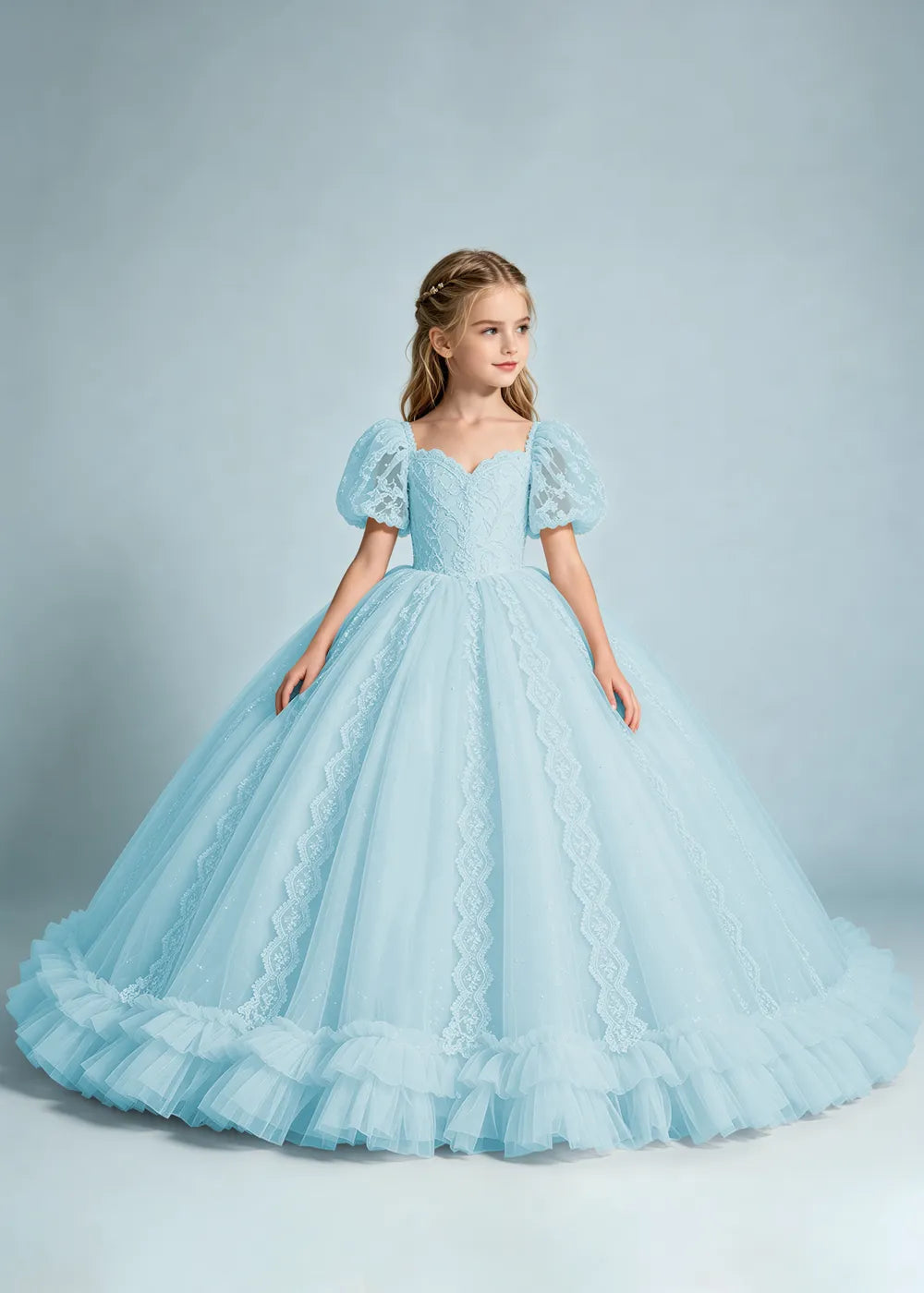 Warm Ivory Flower Girl Gown with Puff Sleeves and Ruffled Hem