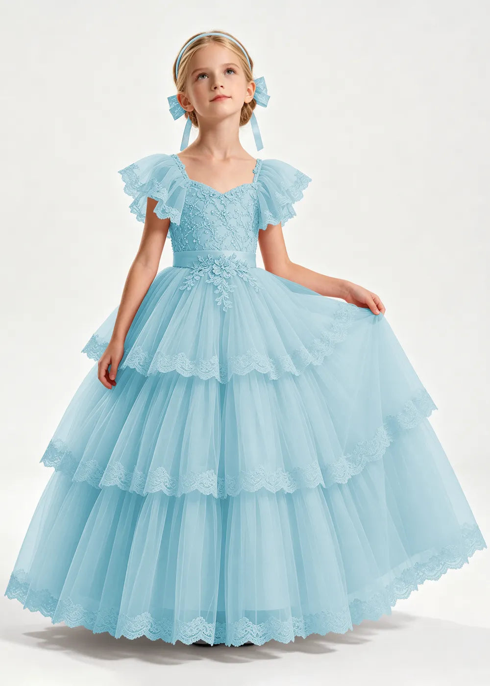 Warm Blush Pink Flower Girl Ball Gown with Three Lace-Edged Tiers