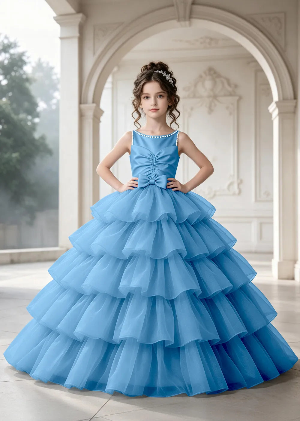 Flower girl dress in Blue, front view.
