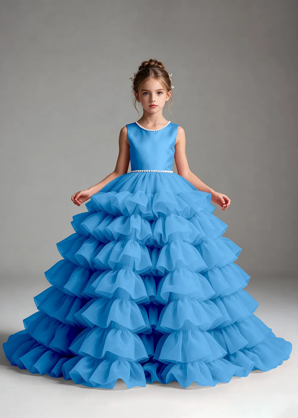 Royal Blue Pearl-Trimmed Tiered Ruffle Flower Girl Dress