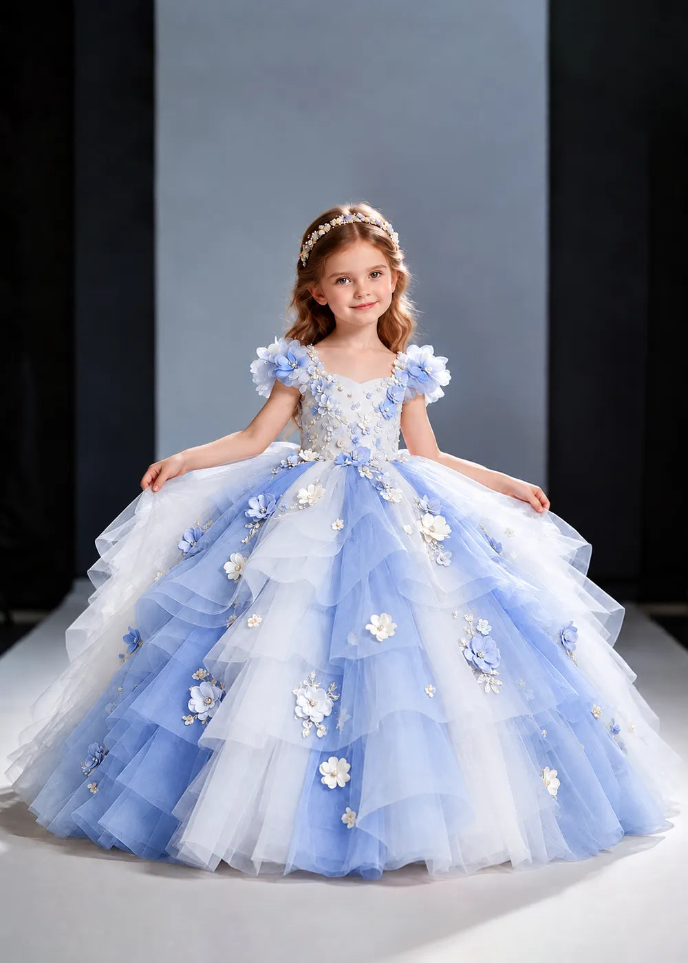 Pink and Blue Flower Girl Ball Gown with Floral Tiers