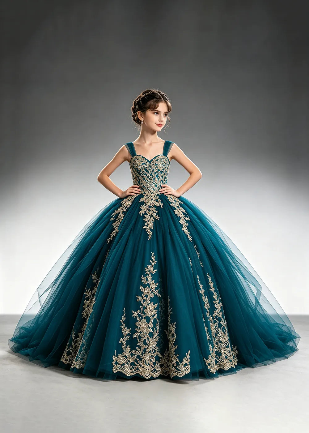 Metallic Appliqué Flower Girl Ball Gown Dress