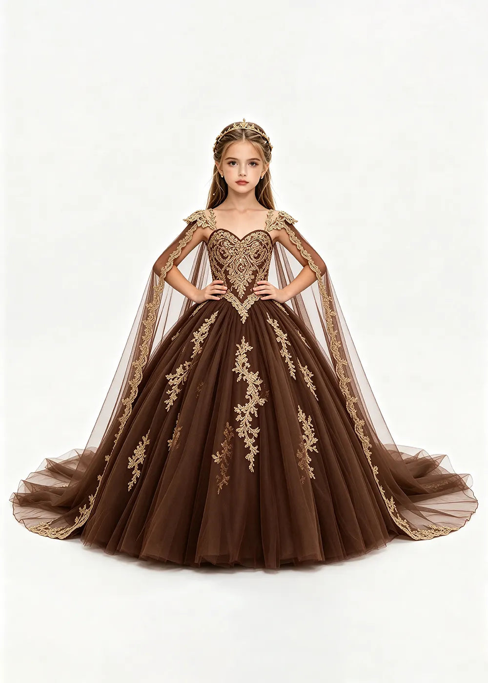Gold Appliqué Cape Princess Dress for Girls