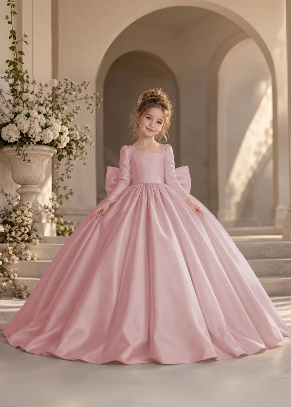Ivory Long-Sleeve Flower Girl Dress with a Square Neckline and Bow