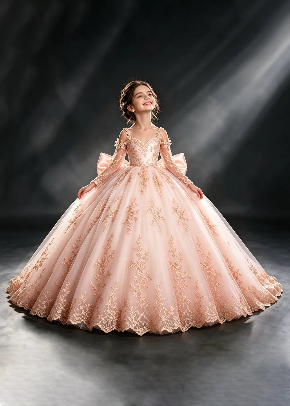 Ivory Gold Lace Flower Girl Dress with Floral Straps and Satin Bow