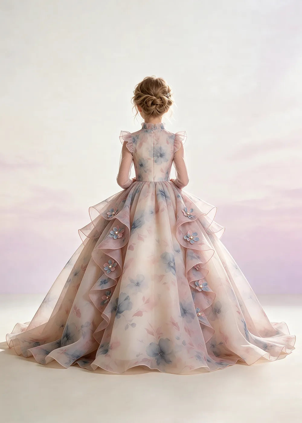 Blush Pink Floral Ruffle-Collar Flower Girl Dress