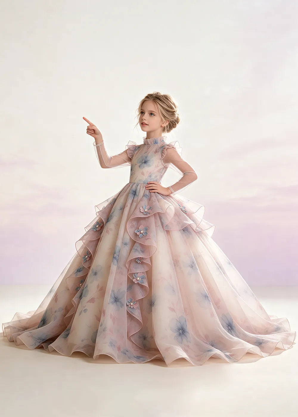 Blush Pink Floral Ruffle-Collar Flower Girl Dress