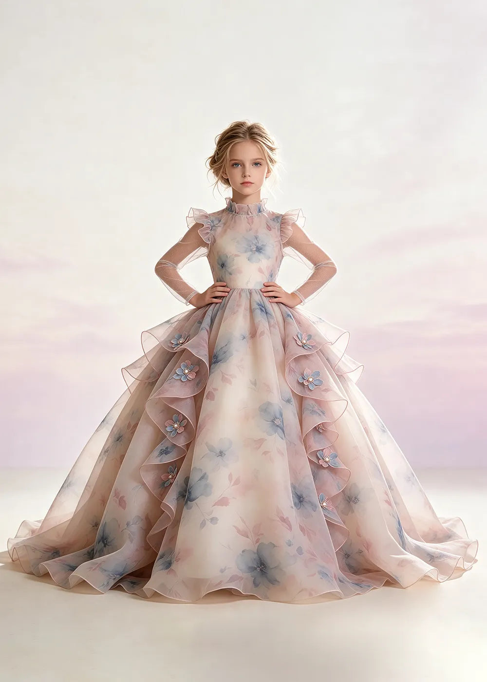 Blush Pink Floral Ruffle-Collar Flower Girl Dress